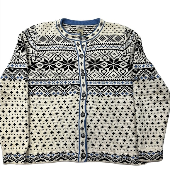 LL BEAN Cotton Cardigan Fair Isle Snowflake Nordic Print Pewter Button - Picture 3 of 10